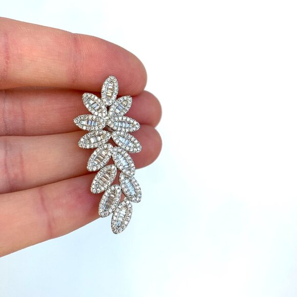 NEW ~ Anthropologie Pavé X Baguette Fancy Flower Drop Stud Silver Earrings - Picture 7 of 14